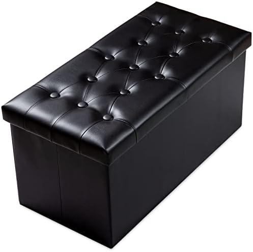 PRANDOM Extra Large Ottoman with Storage [1-Pack] Faux Leather Folding Small Square Foot Stool with Lid for Living Room Bedroom Coffee Table Dorm, Black, 30.5x15x15 inches