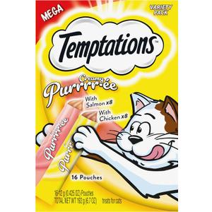 Temptations Creamy Puree Variety Pack of Squeezable Cat Treats, 0.42 oz. Tubes, 16 Count, Best By 04/27/26