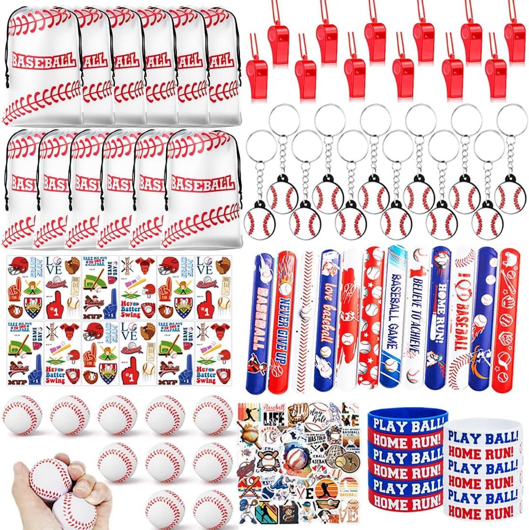 134 PCS Baseball Party Favors, 12 Set Goodie Bag, Mini Stress Balls, Baseball Stickers, Rubber Bracelets, Keychain, Tattoo Stickers, Slap Bracelets, Whistle for Baseball Themed Party Supplies