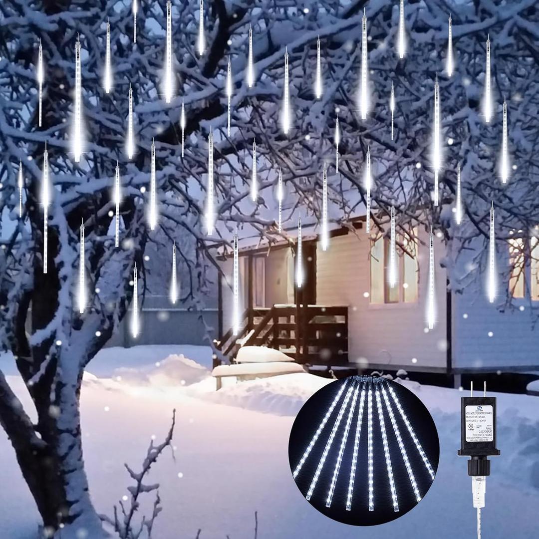 Minetom Meteor Shower Lights Outdoor, 16 Inch 24 Tubes 864 LED Icicle Lights for Outside, Connectable Falling Rain Light, Waterproof Christmas Light Outdoor for Tree Holiday Decoration, White