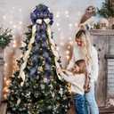 Christmas Tree Topper Bow, 13" Large Gold White Glitter Ribbon Bow with Snowflakes Print, Elegant Xmas Tree Top, Long Wired Ribbon, Decoration for New Year Holiday Party​ & Farmhouse Decor