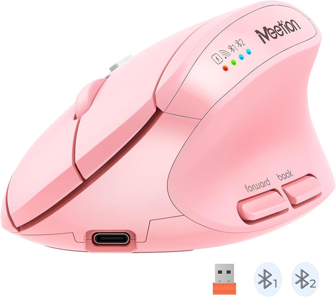 MEETION Pink Wireless Ergonomic Mouse, Bluetooth Vertical Rechargeable Mice, 4 Adjustable DPI 800-2400, Bluetooth 5.2+5.2+USB Mouse for Windows/Mac, for Laptop/PC/Desktop/Computer/iPad