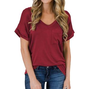 MIHOLL Women's Short Sleeve V-Neck Shirts Loose Casual Tee T-Shirt (Large, 19_ Wine Red)