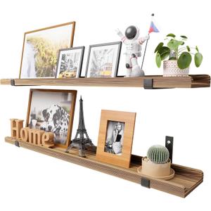 Natural Wood Floating Shelves with Lip, 40 Long Floating Wall Shelf with Metal Bracket, Set of 2 Picture Ledge Shelf Wall Mounted Shelves for Living Room, Bedroom, Kitchen,Carbonized Black