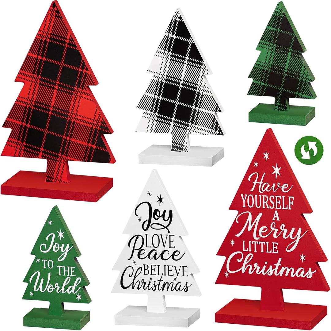 3 Pcs Christmas Decorations Indoor Wooden Christmas Trees Table Sign Decor Table Centerpieces Xmas Merry Tabletop for Holiday Office Desk Tiered Tray Party Shelf Decor Farmhouse Double-sided Printing (Large)