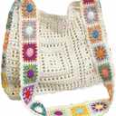 cute knit beach bag for women, small boho tote bag, summer aesthetic embroidered bags handbag (White With Multicolor Floral Pattern)