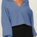 CHYRII Women Overized Puff Long Sleeve V Neck Knitted Polo Pullover Sweater Jumper Tops (M)