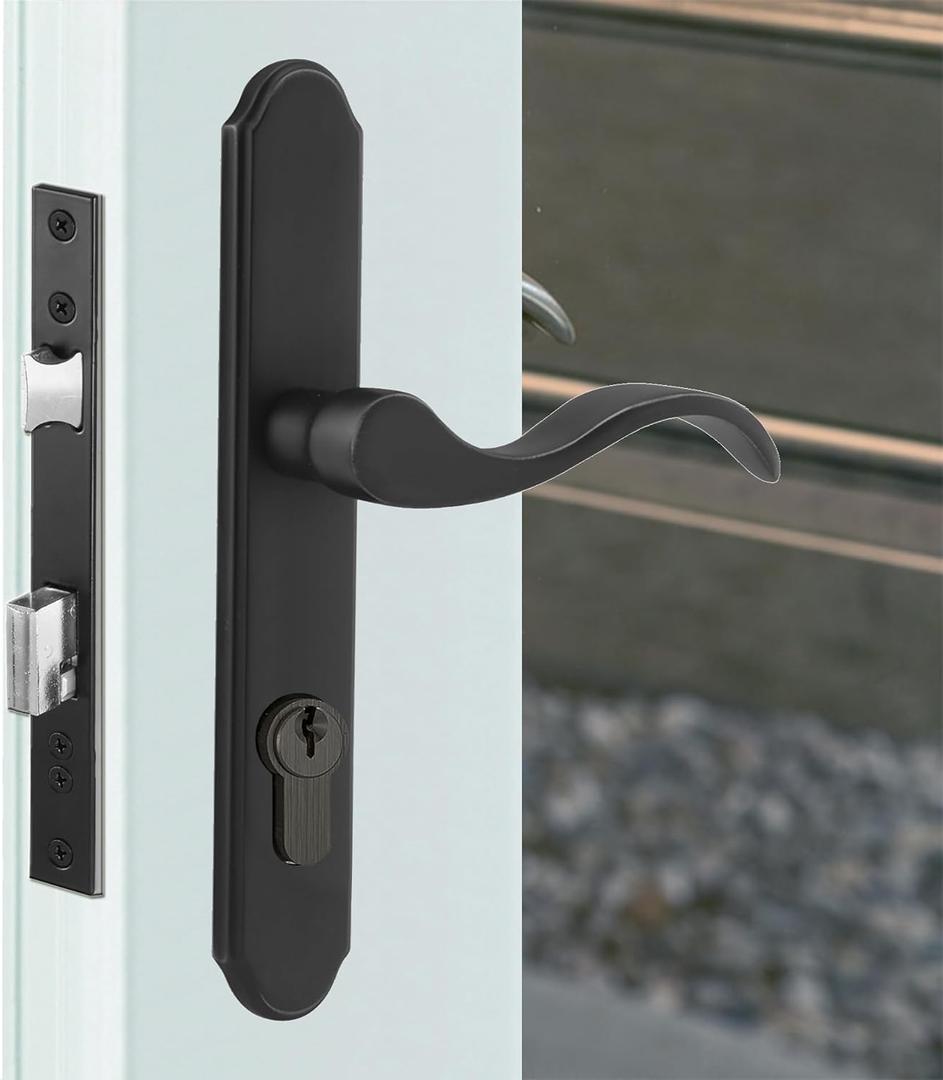 ReigaHood Offset Euro Mortise Storm Door Handle Complete Set Fits for Pella Screen Door Hardware, 2-1/2" Handle PZ, 7/8" Backset, 7-1/4" Trimplate H.C., Non-Handed, Matte Black