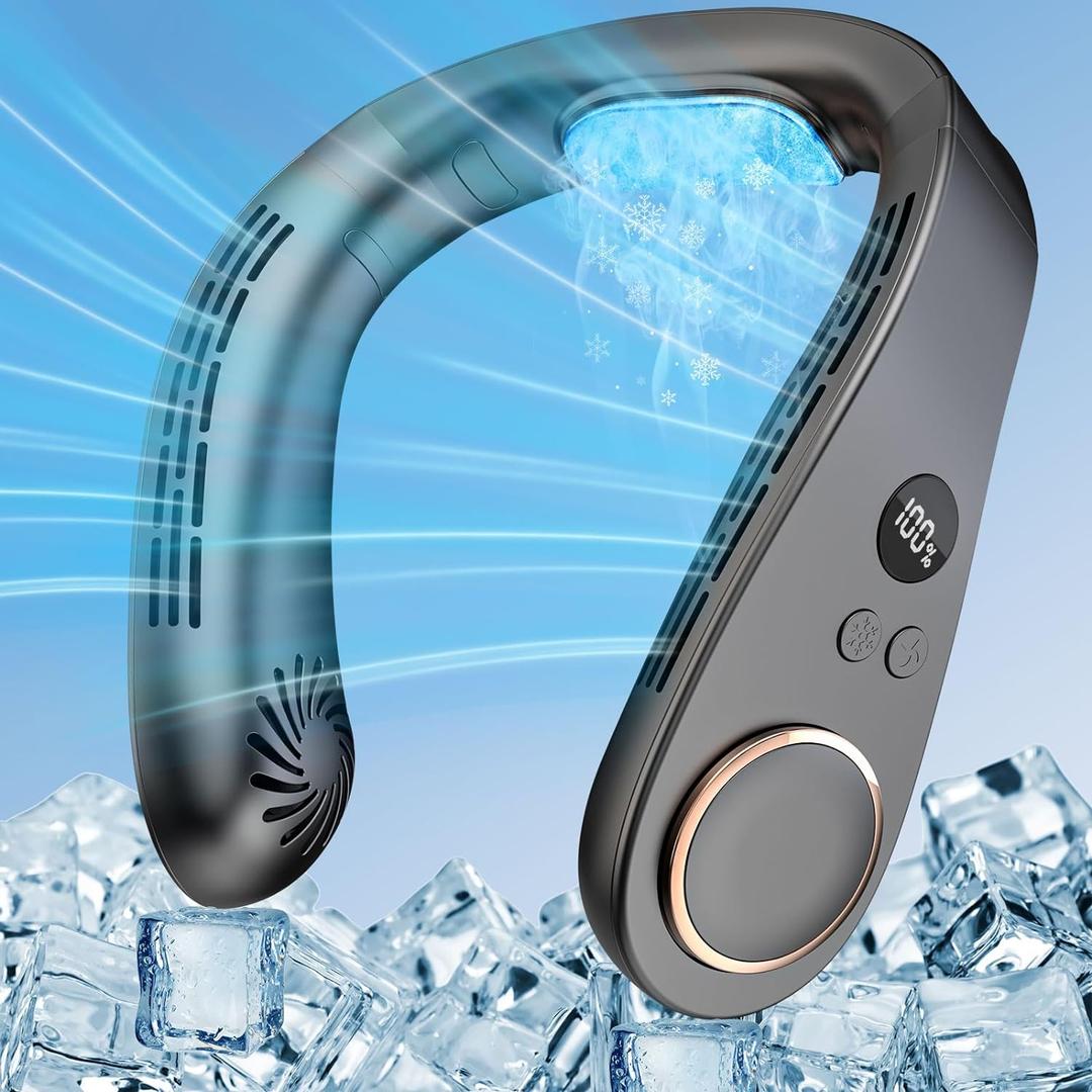 Neck Fan Air Conditioner-5500mAh Portable Neck Fans that Blow Cold Air, Personal Small Bladeless Neck Ac Fan, Best USB Rechargeable Battery Operated Metal Cooling Plate Neck Cooler for Women Men Black