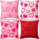 4 Pack Embroidered Valentines Throw Pillow Covers 18 x 18 Red Hearts Decorative Accent Throw Pillow Covers with Zipper Faux Fur Plush Pillows Cover for Valentines Day Couch Sofa Home Decor