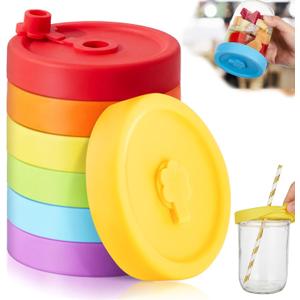 Teenyyou 6 Pcs Silicone Mason Jar Lids with Straw Hole for Wide Mouth Mason Jar Thickened Leak Proof Lid for 86 mm Reusable Large Canning Jars Caps(Classic)