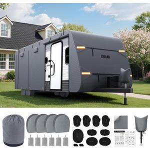 Reinforced 7 Layers Travel Trailer RV Cover, Extra-Thick Camper Cover Fits 16-18 ft RV, Waterproof Windproof for Toy Hauler with 4 Tire Covers & Tongue Jack Cover,Durable Trailer Cover for RVs (Gray - Non-Woven Fabric)