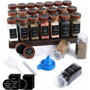yutrenn Spice Jars with Labels 24 Pack 4 oz Glass Spice Containers with Wooden Lids, Empty Seasoning Jars Set with Funnel, Brush & Marker, Square Glass Jars for Kitchen Pantry Organization & Storage