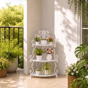 Gisafai 3 Tier White Outdoor Corner Plant Stand, 
32.68"D x 16.93"W x 2.36"H