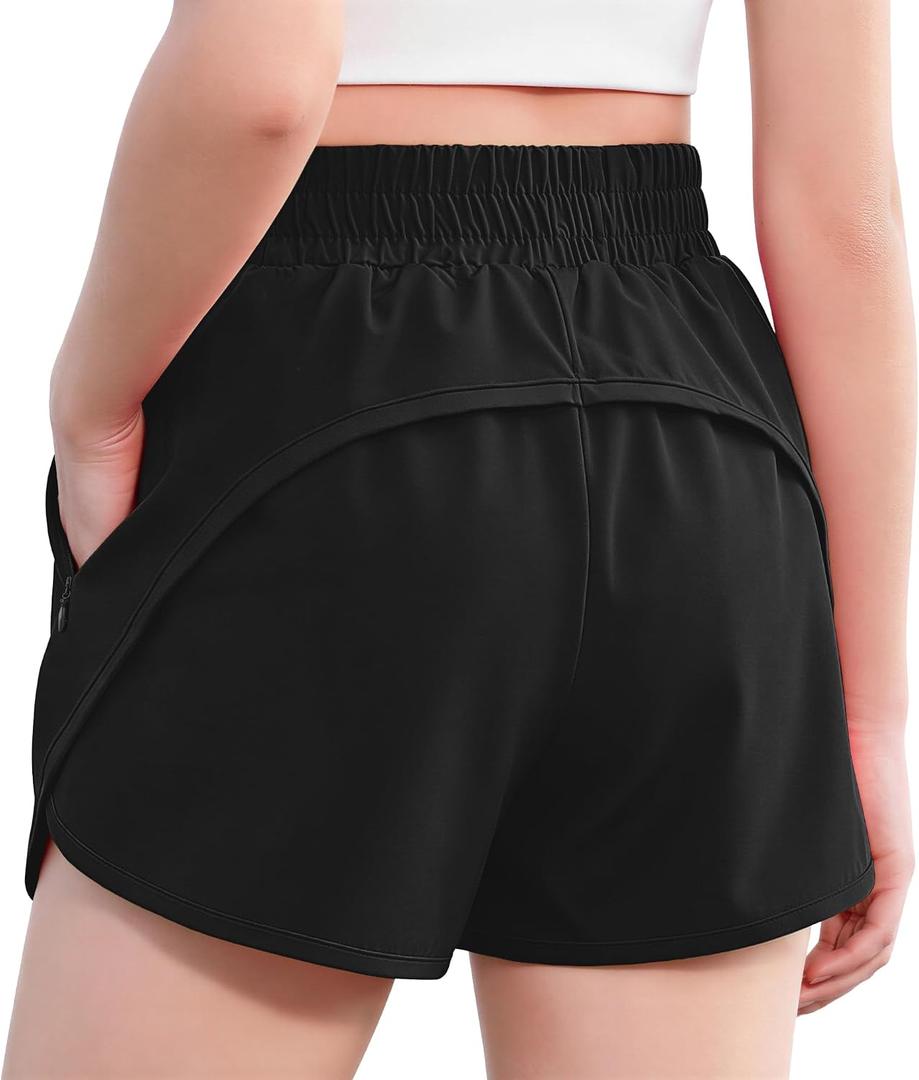 Zaclotre Girls Athletic Shorts with Zipper Pockets 2 in 1 Kid Workout Running Volleyball Soccer Shorts with Liner (Black)
