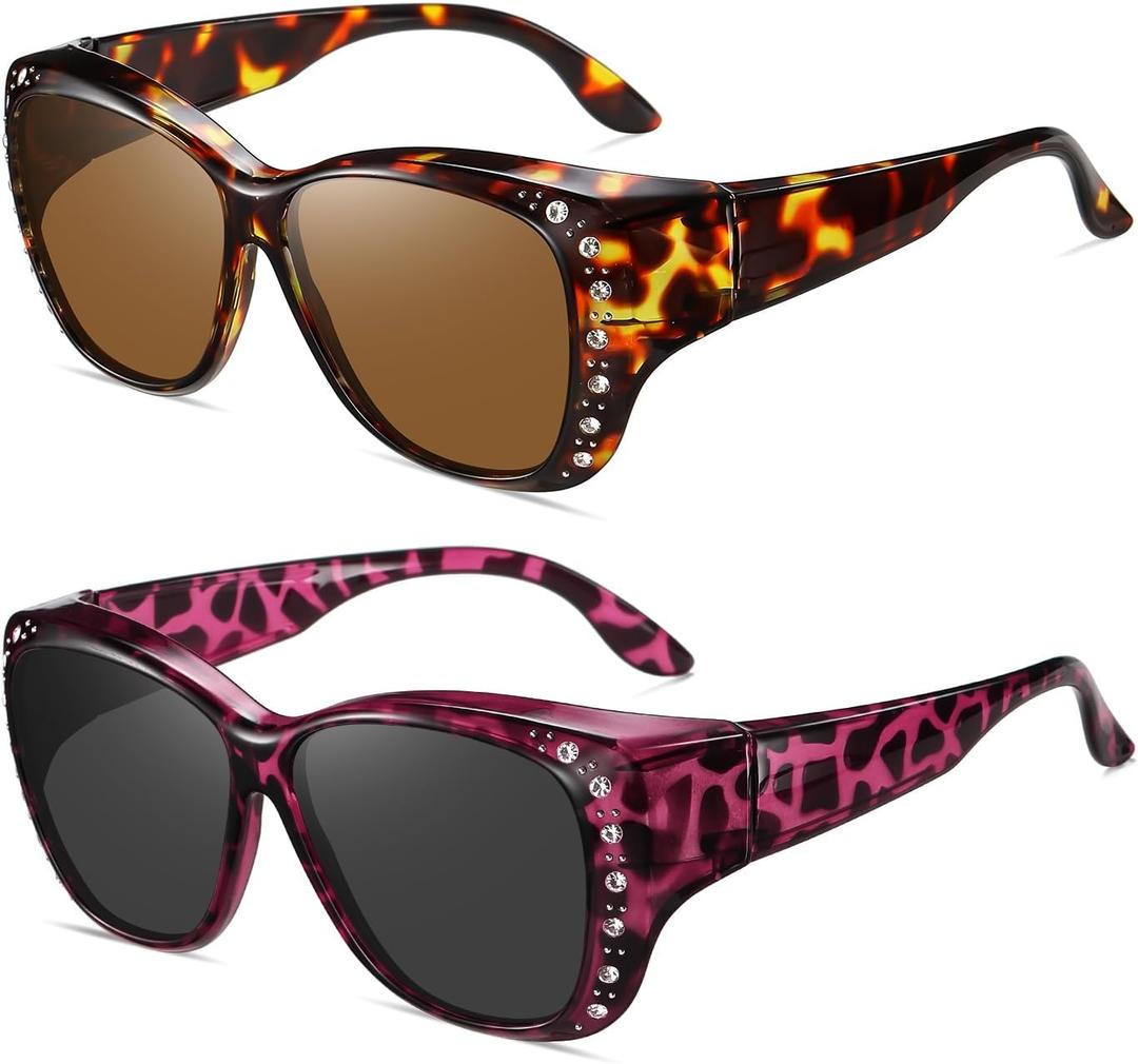 Wzerry Sunglasses Fit Over Glasses for Women, Polarized Over Glasses UV 400 Protection Retro Frame with Rhinestone
