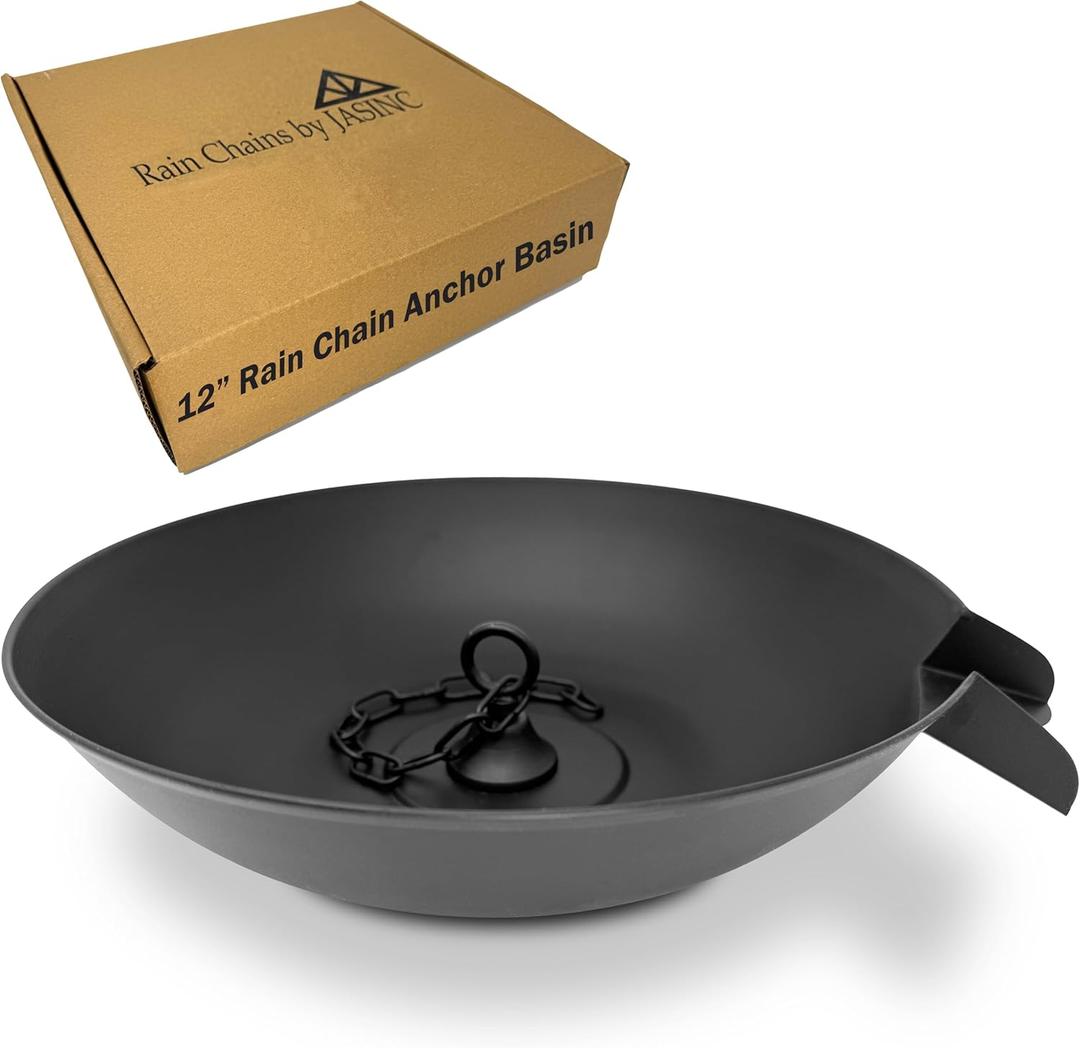 Rain Chain Anchoring Basin | 12.5" Display Dish w/Chain for Roof Gutter Downspout | Decorative Rain Chain Basin for Garden & Patio | Water Feature Basin & Rain Chain Anchor | Black Powder Coated
