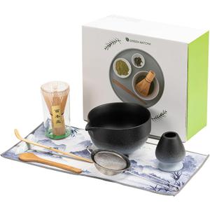 Matcha Set 8-Piece Japanese Tea Ceremony Kit with Ceramic Bowl, Bamboo Whisk & Holder, 2 Scoops, Strainer, Tea Cloth - Complete Gift Set for Traditional Brewing(Gradient Black)