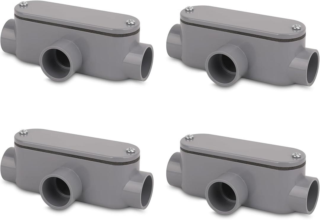 4Pack 3/4 Inch Rigid PVC Conduit Body Type T, Slip x Slip PVC Conduit Bodies T Type with Cover and Gasket, Gray