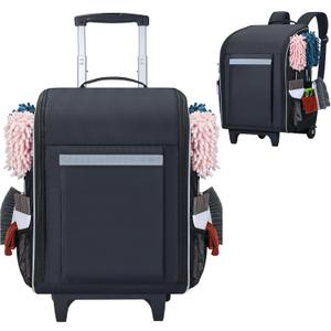 Rolling Cleaning Caddy Backpack with Wheels, Large Capacity Cleaning Supply Organizer Bag with Detachable Trolley & Backpack Strap, Water-Resistant Cleaning Bag for Houskeeper Cleaner