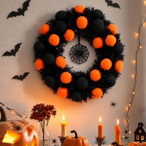 Grooy Halloween Wreath, Orange Pom Spider Web Decor for Front Door