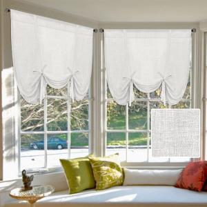 H.VERSAILTEX Tie Up Linen Curtains 63 Inch Length Nature Linen Textured Privacy Curtain Multi Hanging Ways Shade Balloon Window Shade Rod Pocket Casual Curtain - 42x63-2 Panels, Off White