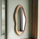 Honyee 55" x 24" Wall Mirror, Flannel Wrapped Wooden Frame Wavy Mirror, Irregular Mirror Hanging for Cloakroom/Bedroom/Living Room, Milk Tea