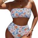 Pink Queen Women's High Waist Bikini Set Removable Strap Bandeau Two Piece Swimsuit Bathing Suit (X-Large, Floral Blue)