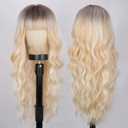 Lativ Blonde Wig With Bangs Long Ombre Blonde Wig with Dark Roots for Women Wavy Curly Heat Resistant Synthetic Fiber Wigs for Daily Party Use 26 Inches