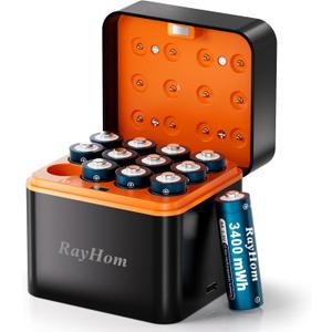 12-Pack Rechargeable Lithium aa Batteries with Charger, 1.5V Constant Output, 3400mWh High Capacity, 12-Slot Double A Li-ion Charger with Smart Charging, Multiple Charging Protections
