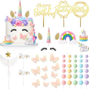 MTLEE 51 Pcs Unicorn Cake Topper Rainbow Cake Toppers Colorful Balls Cake Decorations Happy Birthday Ball Cake Topper for Wedding Birthday Party Supplies