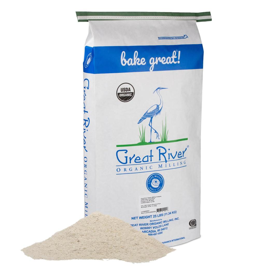 Great River Organic Milling Organic Buckwheat Flour | Whole Grain, Gluten-Free Flour Alternative | Non-GMO, Kosher, USDA Organic | Ideal for Pancakes, Waffles, Baking & More | 25 Lb (Pack of 1)