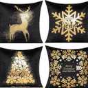 All Smiles Black Christmas Gold Throw Pillow Covers Xmas Cases Decorations 18X18 Set of 4 Dcor Indoor Home Soft Velvet Decorative Navidad Cushion for Sofa Couch Tree Snowflake Reindeer