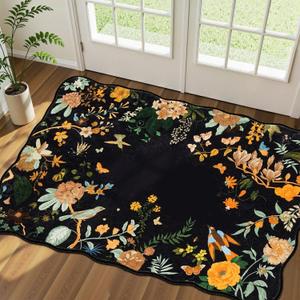 Rugflix Scalloped Floral Rug for Entryway, 2x3 Washable Non-Slip Kitchen Area Rugs, Small Low Pile Indoor Door Mat, Soft Entrance Carpet for Bathroom Bedroom, Dark Black