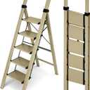 HillhutApex 5 Step Foldable Aluminum Step Ladder with Handgrip, Anti-Slip Pedal, 330 lbs Capacity, Lightweight & Portable for Home, Kitchen, Office, Garage (Gold)