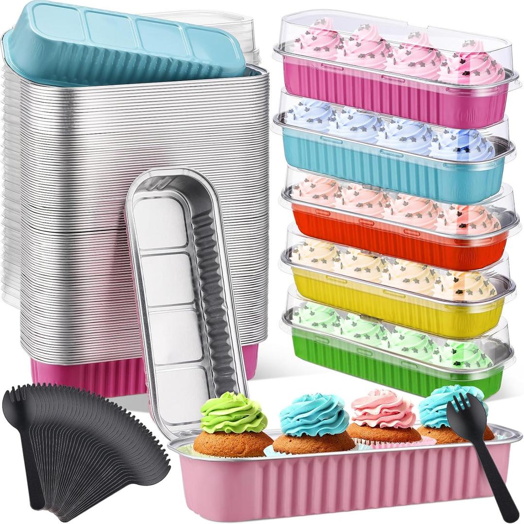 Blushtier 540 Pcs Mini Loaf Pans with Lids and Spoons 6.8 oz Rectangular Aluminum Foil Baking Pans Mini Cake Tins for Bread Desserts(Pastel Color,Rectangle Style)