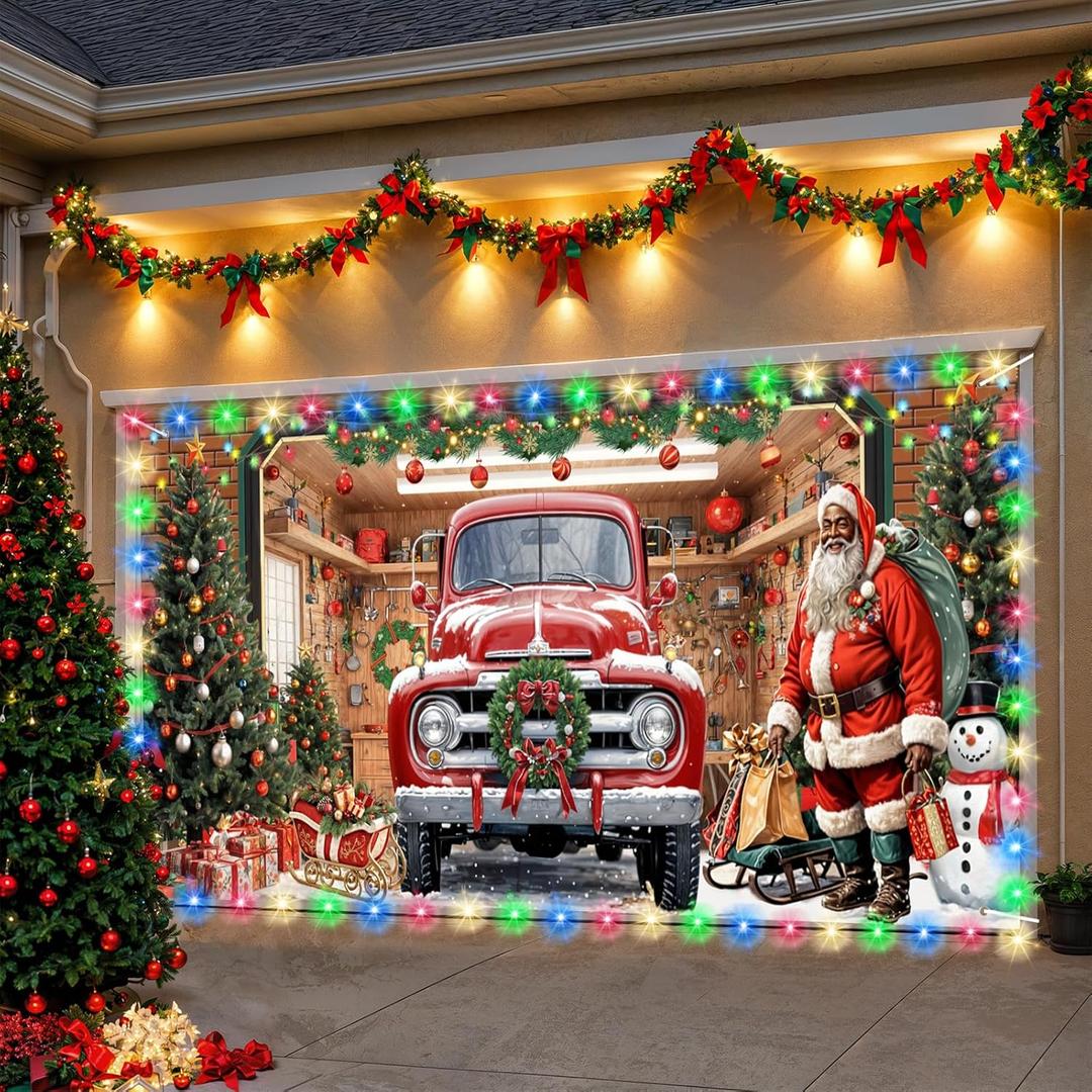 ROCKY&CHAO Christmas Garage Door Decorations 6x13ft Santa Red Truck Garage Door Cover, Garage Door Banner Garage Door Backdrop for Christmas New Year Party