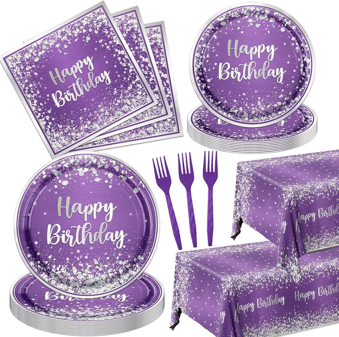 Purple and Silver Plates and Napkins Party Supplies, Purple Glitter Sliver Birthday Party Tableware Purple Dessert Plates Napkins Tablecloth Forks for Girl Women Birthday Supplies, Serve 20