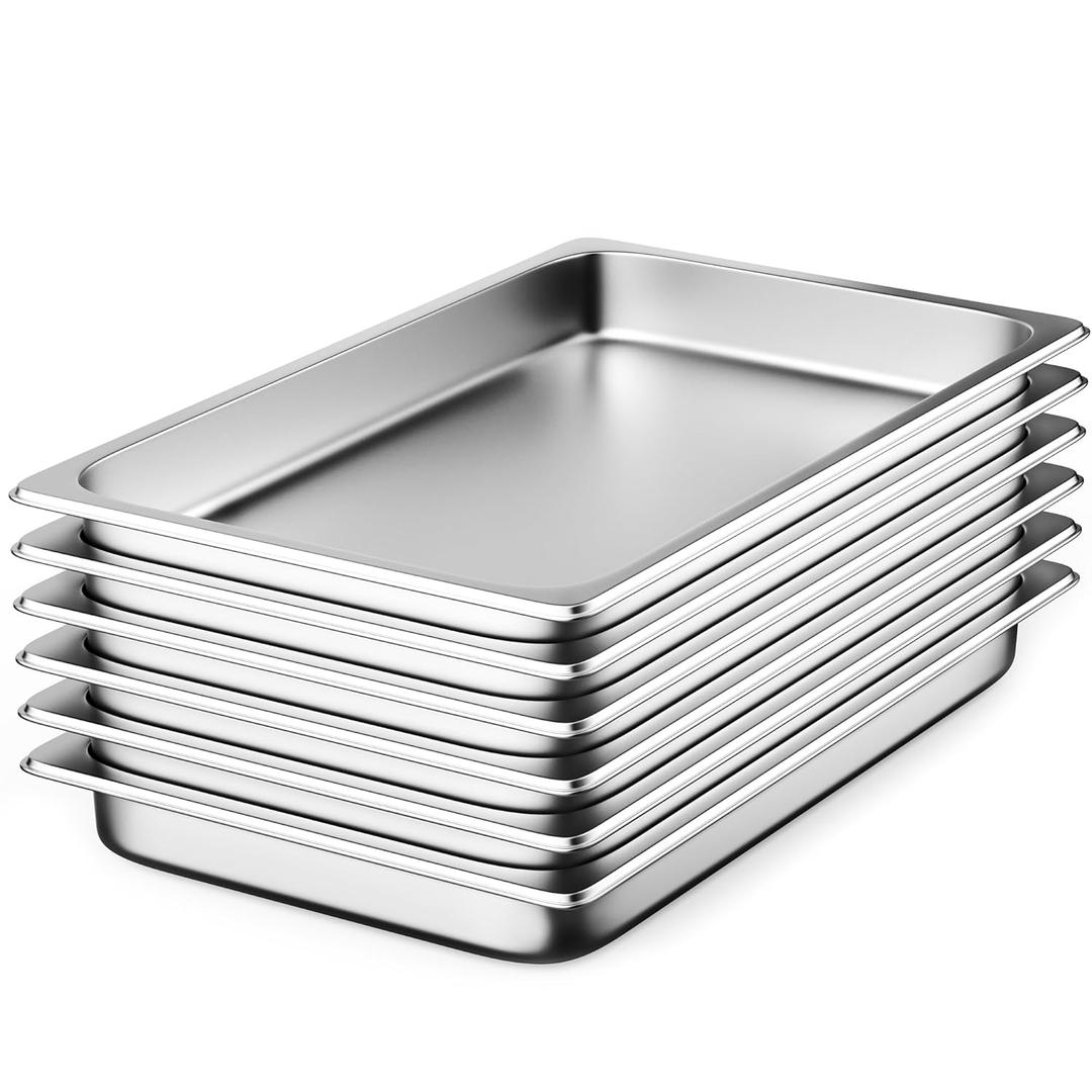 6 Pack Hotel Pans Full Size 2.5" Deep Stainless Steel Steam Table Pan, 20.8" L x 12.8" W 22 Gauge Metal Commercial Catering Food Pans Anti Jam Food Storage Containers