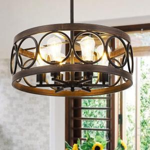 6-Light Dining Room Chandelier Over Table, 21.7'' Black Farmhouse Drum Light Fixtures for Living Room Bedroom, Round Metal Wood Grain Finish, Modern Hanging Pendant Lighting 6-Light Dining Room Chandelier Over Table, 21.7'' Black Farmhouse Drum Light Fixtures for Living Room Bedroom, Round Metal Wood Grain Finish, Modern Hanging Pendant Lighting