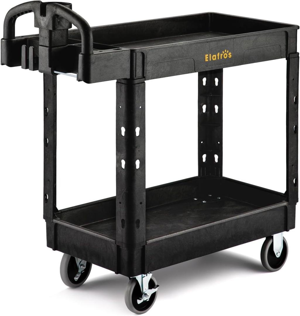 ELAFROS Utility Cart with Ergonomic Handle and Built-in Tool Compartments - 37.5" x 17" Work Cart W/Deep Shelves Safely Holds up to 550 lbs - 2 Tier Rolling Cart, Black