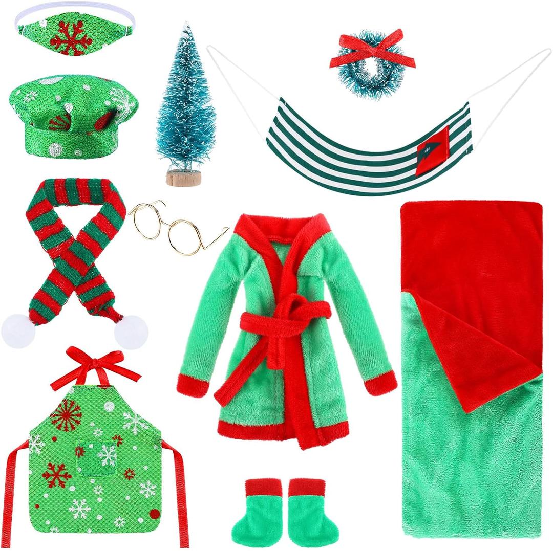 Bencailor Christmas Elf Accessories Elf Clothes Set Including Bathrobe Christmas Sleeping Bag Apron Hammock Shoes Scarf for Xmas New Year Party Decor(Cute Style)