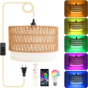 Plug in Hanging Lamp with RGB Smart Bulb Plug-in Cord Pendant Light with 15ft Cord Fixture Pendant Lights for Bedroom Kitchen Living Room Dining Room
