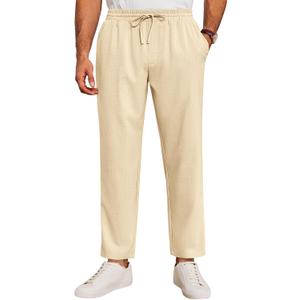 Runcati Mens Casual Pants Drawstring Elastic Waist Lightweight Cropped Linen Pants Summer Yoga Beach Trousers (Small, Beige)