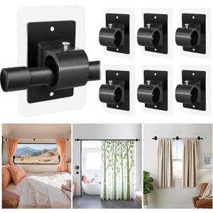 6PCS No Drill Curtain Rod Brackets,Self Adhesive Curtain Rod Holder No Drilling,Renter Friendly Drapery Rod Hook,Nail Free Adjustable Non Screw Draper Pole for Apartment Window Wall Door Ceiling Mount