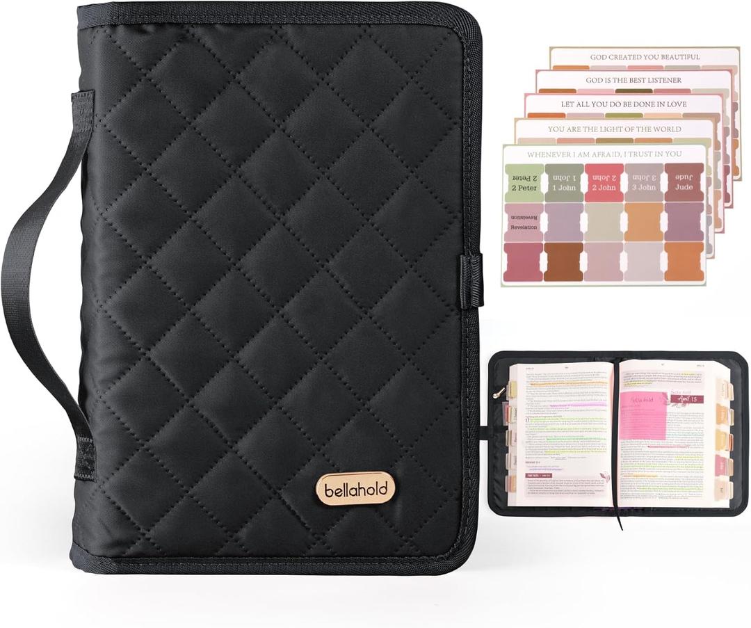 BellaHold Adjustable Bible Cover with 75 Bible Tabs - Bible Cover Case for WomenWaterproof, Washable Quilted Bible CaseReusable Christian Gifts for Women (Black, XL)