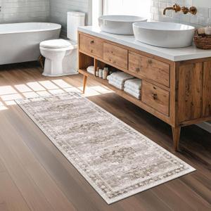 Hazo Haus Boho Bathroom Rug 2x5 Runner, Neutral Farmhouse Kitchen Rugs, Small Throw Runners for Laundry Room Bedroom, Vintage Floral Dcor, Non-Slip Low-Pile Washable Stain Resistant Beige Latte