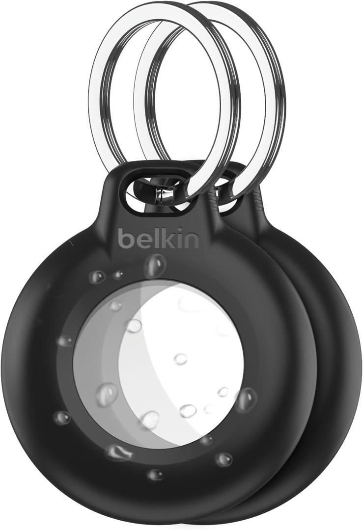 Belkin Waterproof Apple AirTag Secure Holder with Key Ring - Durable Scratch-Resistant AirTag Case, Protective Keychain Accessory for Keys, Pets, Luggage, Backpacks, and More - Black (2-Pack)