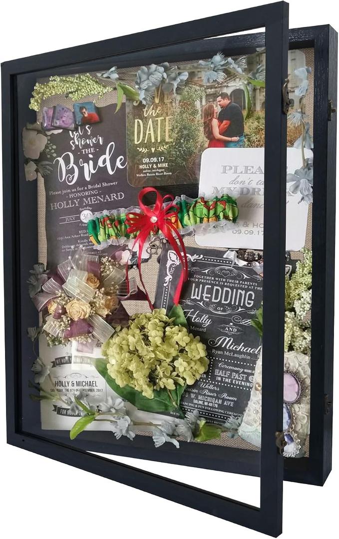 GraduationMall 16x20 Wood Shadow Box Frame Glass Door Display Case with Linen Back and 6 Stick Pins,1.5 inches Interior Depth,Ideal for Memorabilia Pictures Flowers Medals Tickets Rustic Black