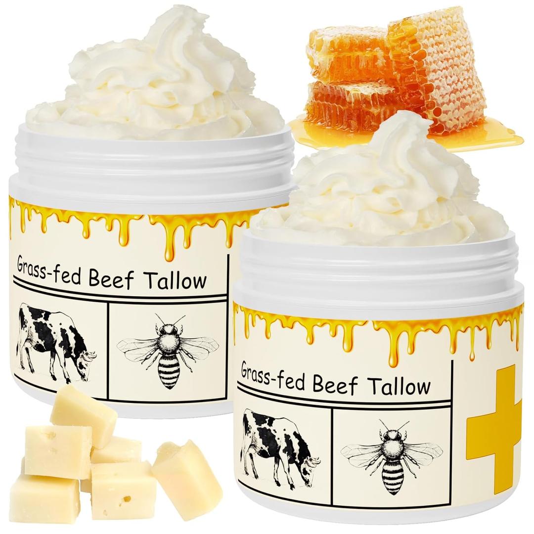 mkzea Beef Tallow for Skin, Beef Tallow, Tallow and Honey Cream, Grass Fed Beef Tallow, Whipped Beef Tallow for Face Moisturizer for All Purpose with Raw Honey Tallow Balm, 2 packs